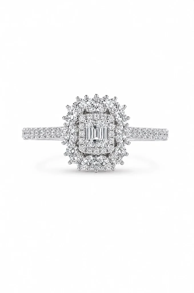 1 Karat Victoria Emerald Cut Halo Baget Pırlanta Yüzük